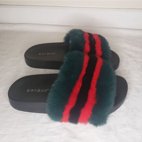 BAMBOO Black and Red Furry Slippers - Picture 3 of 7